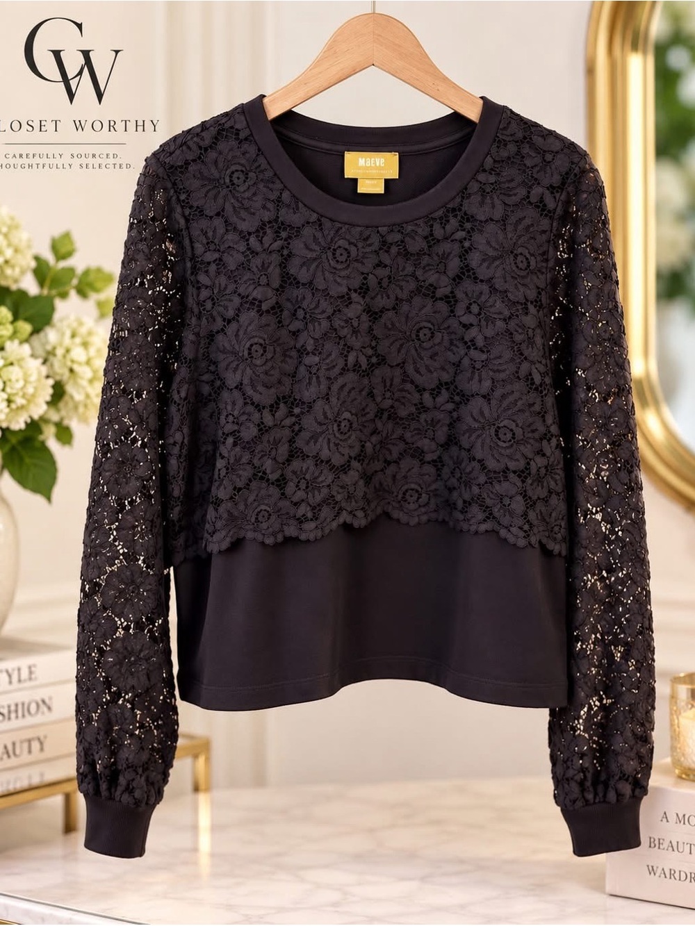 MAEVE BY ANTHROPOLOGIE BLACK FLORAL LACE LAYERED TOP — SIZE LARGE